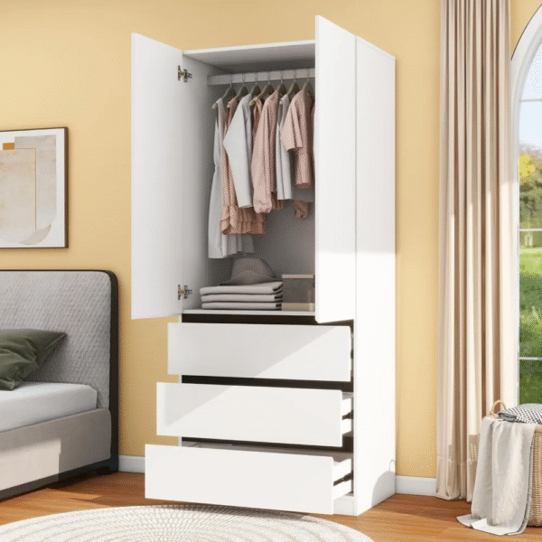 Bedroom Armoire Wardrobe Closet with 3 Drawers: 75" White Wardrobe Closet with 2 Doors, Modern Cabinet for Clothes with Shelves, - Imagen 5