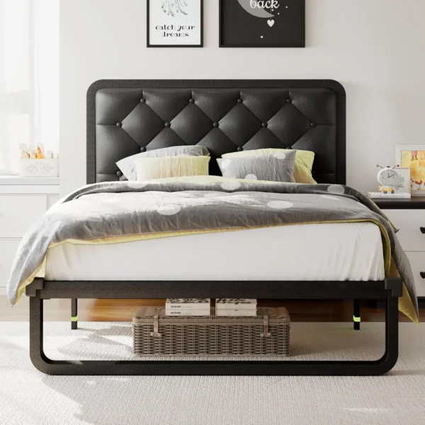 Estructura de cama, estructura de cama con plataforma de metal curvada con cabecero tapizado de lino, espacio debajo de la cama de 12 pulgadas, no necesita somier - Imagen 7