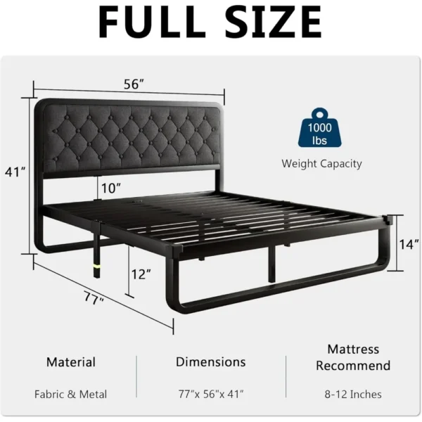 Estructura de cama, estructura de cama con plataforma de metal curvada con cabecero tapizado de lino, espacio debajo de la cama de 12 pulgadas, no necesita somier - Imagen 2