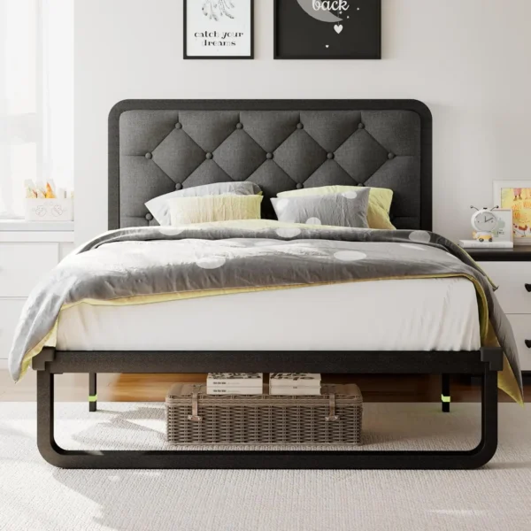 Estructura de cama, estructura de cama con plataforma de metal curvada con cabecero tapizado de lino, espacio debajo de la cama de 12 pulgadas, no necesita somier - Imagen 8
