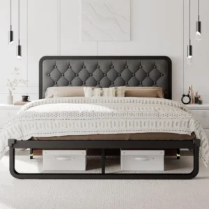 Estructura de cama, estructura de cama con plataforma de metal curvada con cabecero tapizado de lino, espacio debajo de la cama de 12 pulgadas, no necesita somier