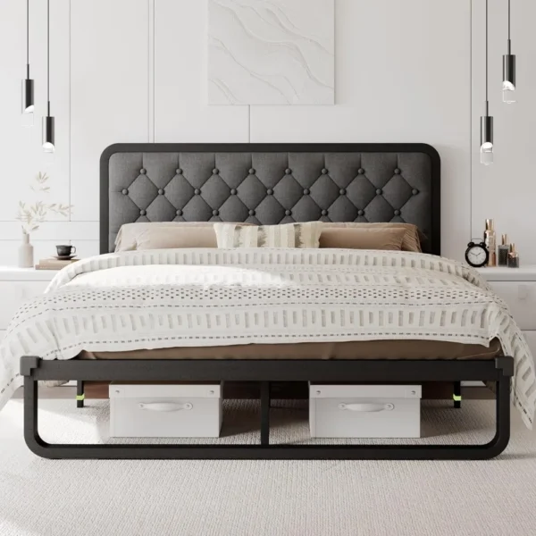 Estructura de cama, estructura de cama con plataforma de metal curvada con cabecero tapizado de lino, espacio debajo de la cama de 12 pulgadas, no necesita somier