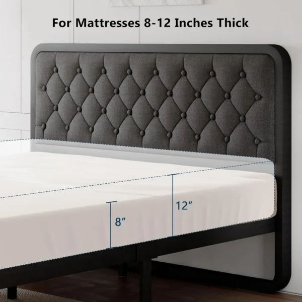 Estructura de cama, estructura de cama con plataforma de metal curvada con cabecero tapizado de lino, espacio debajo de la cama de 12 pulgadas, no necesita somier - Imagen 6