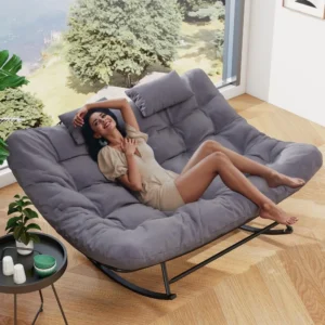 Mecedora Papasan de gran tamaño, mecedora doble para patio para 2 personas, sofá de dos plazas para exteriores con estructura de ratán y cojín suave, Lar
