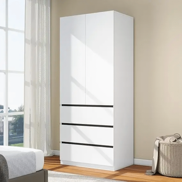Bedroom Armoire Wardrobe Closet with 3 Drawers: 75" White Wardrobe Closet with 2 Doors, Modern Cabinet for Clothes with Shelves,