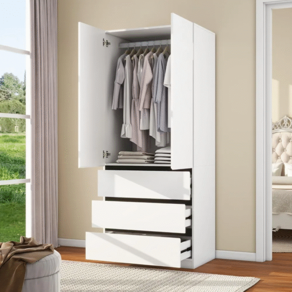 Bedroom Armoire Wardrobe Closet with 3 Drawers: 75" White Wardrobe Closet with 2 Doors, Modern Cabinet for Clothes with Shelves, - Imagen 4