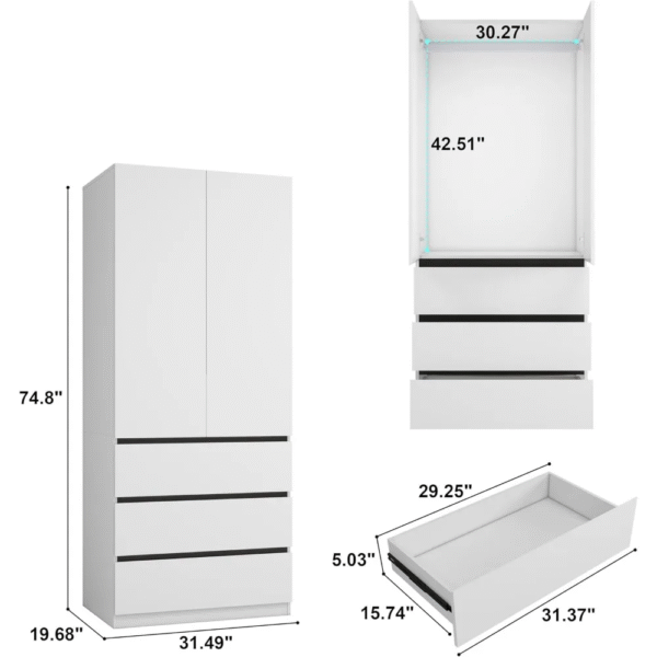 Bedroom Armoire Wardrobe Closet with 3 Drawers: 75" White Wardrobe Closet with 2 Doors, Modern Cabinet for Clothes with Shelves, - Imagen 3