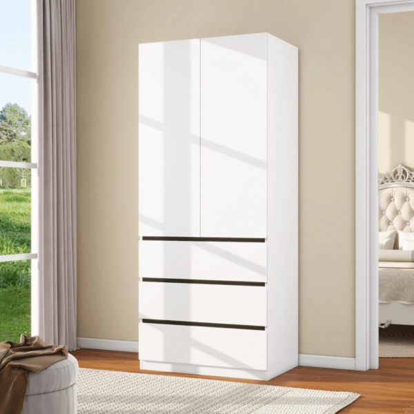 Bedroom Armoire Wardrobe Closet with 3 Drawers: 75" White Wardrobe Closet with 2 Doors, Modern Cabinet for Clothes with Shelves, - Imagen 6