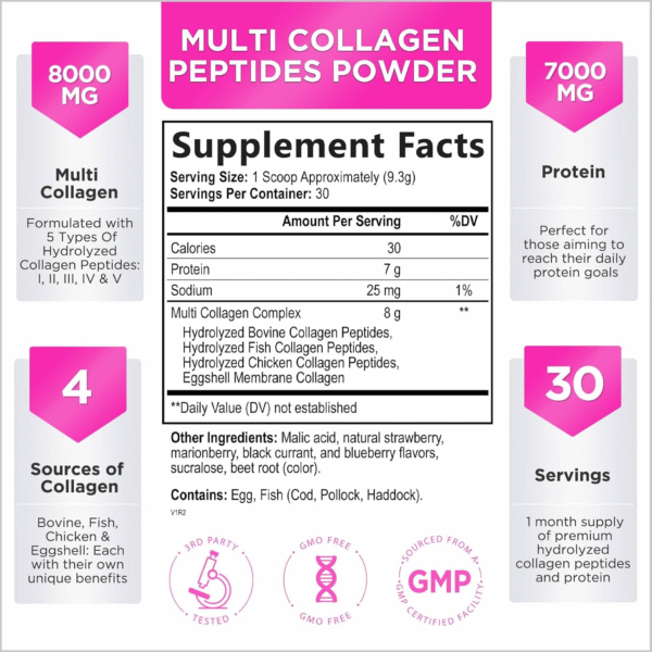 50 units / Collagen Peptides Powder - Hydrolyzed Type I, II, III, IV & V, Best Multi Collagen for Women & Men to Support Hair, Skin, Nail, Bone & Joint Health, Peptide Protein, Grass-Fed & Non-Gmo - 30 Servings - Imagen 2